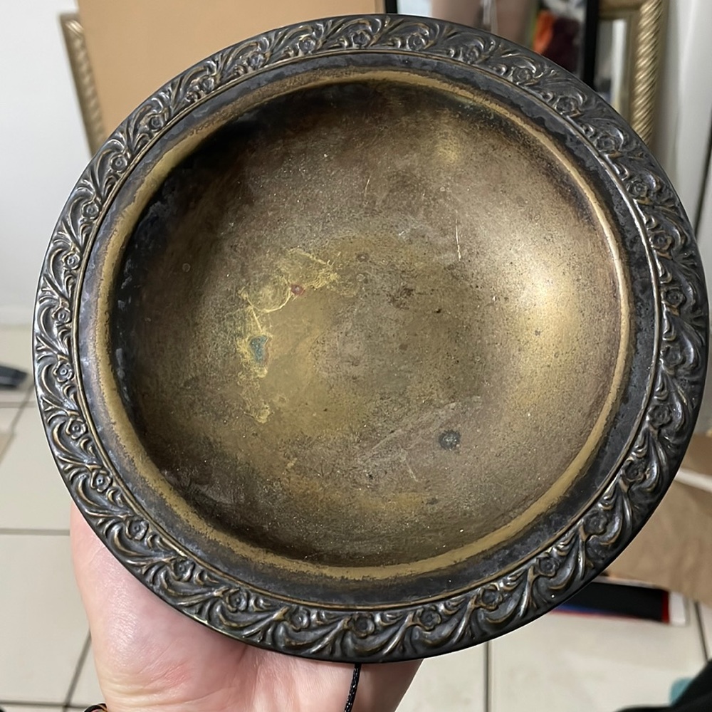 Vintage antique bronze brass trim key plate dish jewelry decor shallow bowl